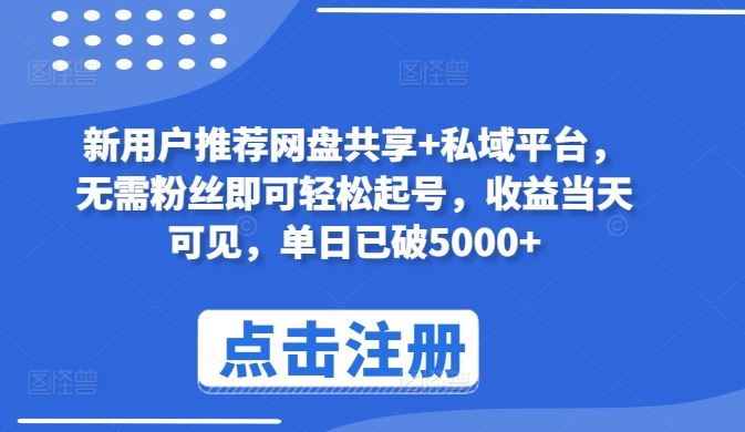 新用户推荐网盘共享+私域平台，无需粉丝即可轻松起号，收益当天可见，单日已破5000+【揭秘】-87副业网