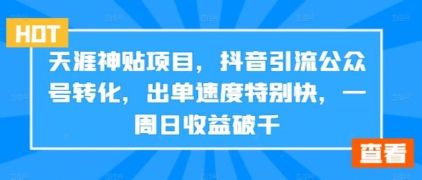 天涯神贴项目，抖音引流公众号转化，出单速度特别快，一周日收益破千-87副业网