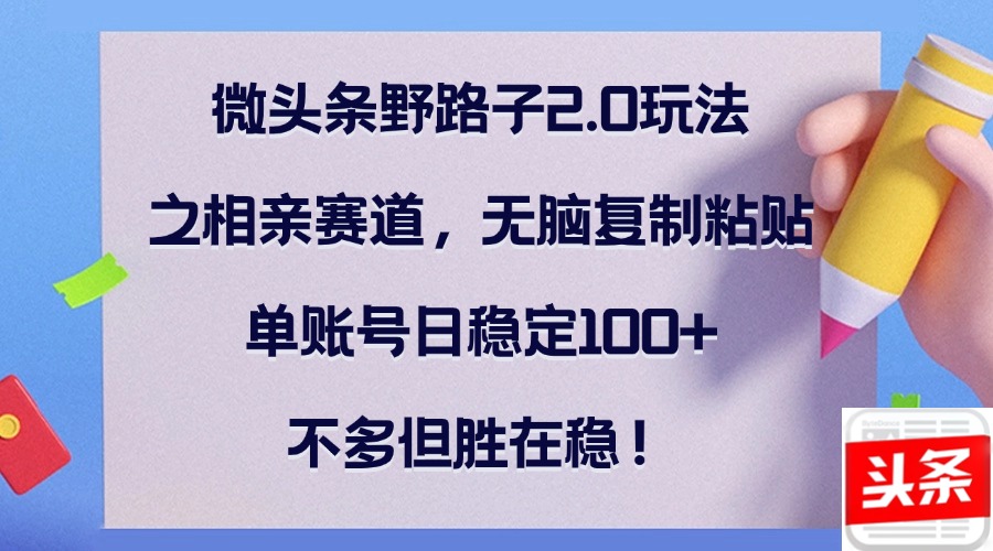 （12763期）微头条野路子2.0玩法之相亲赛道，无脑复制粘贴，单账号日稳定100+，不…-87副业网